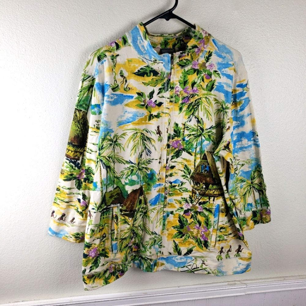 Chico's Additions Hawaiian Tropical Print Women's Zip Up Jacket Coat SZ 3/XL